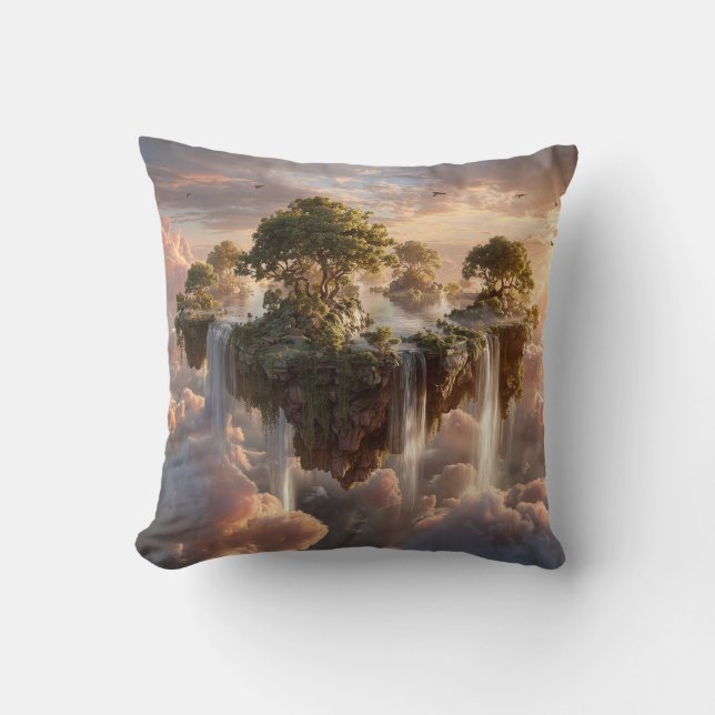 Surreal Floating Islands With Waterfalls Throw Pillow (Front)
