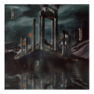 Surreal Floating Ruins Obsidian Pool Acrylic Print