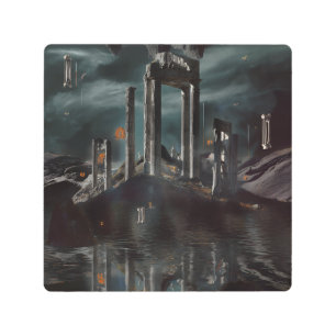 Surreal Floating Ruins Obsidian Pool Metal Print