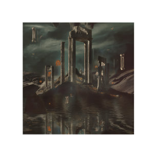 Surreal Floating Ruins Obsidian Pool Wood Wall Art