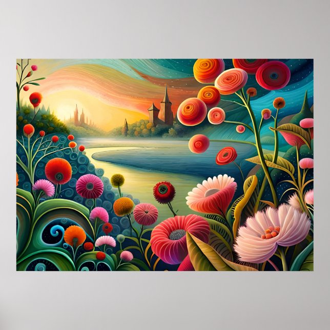 Surreal Floral Landscape: Abstract River and Tower Poster (Front)