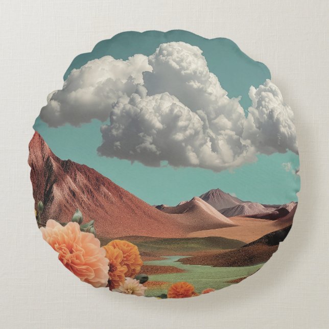 Surreal Floral Mountainscape With Dramatic Clouds Round Pillow (Front)