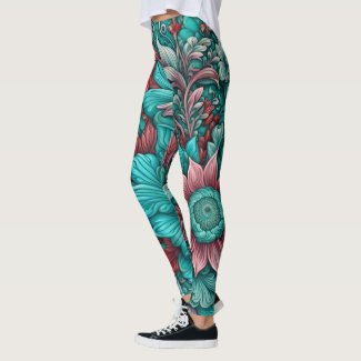 Surreal  flowers, cyan blue red and pink 