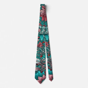 Surreal flowers, cyan blue red neck tie