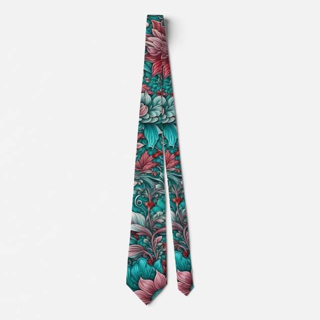Surreal flowers, cyan blue red  neck tie (Front)