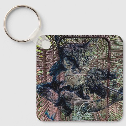 Surreal fluffy cat in nature with industrial vibe keychain