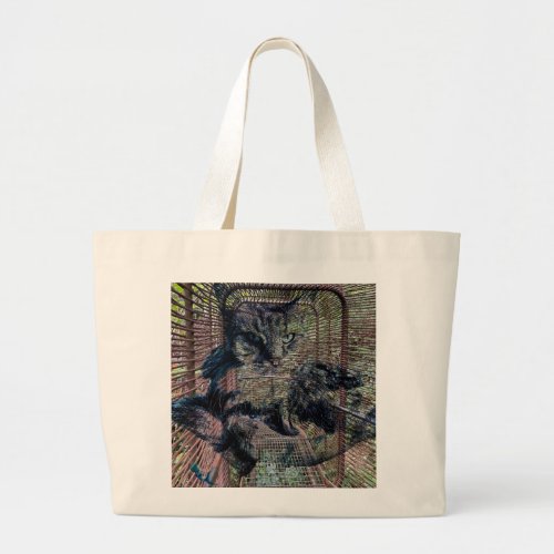 Surreal fluffy cat in nature with industrial vibe large tote bag