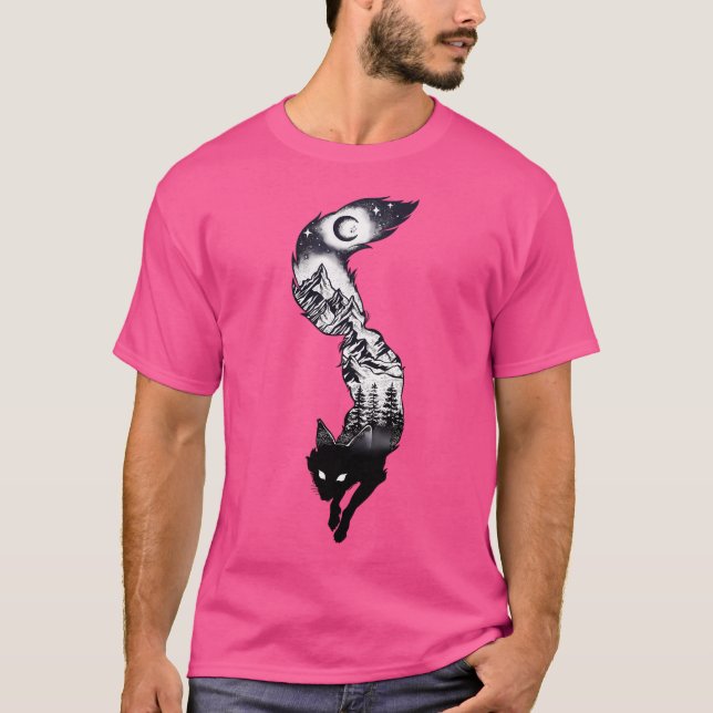 Surreal Fox Silhouette With Mountains Tress Moon   T-Shirt (Front)