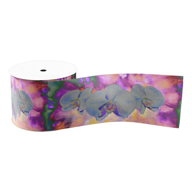 Surreal funky white watercolor orchids grosgrain ribbon (Spool)