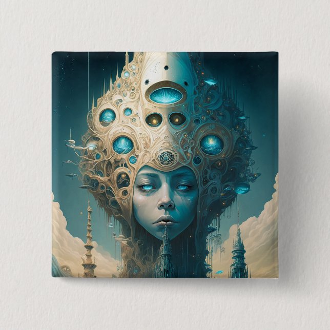 Surreal Futuristic Alien Woman Lanscape Button (Front)