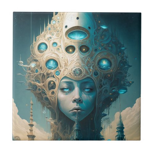 Surreal Futuristic Alien Woman Lanscape Ceramic Tile