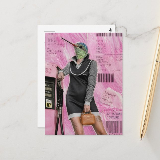 Surreal Gas Station Fashions Hummingbird Collage Postcard (Front/Back In Situ)