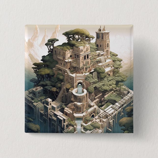 Surreal Geometric City Landscape Fantasy Art Button (Front)