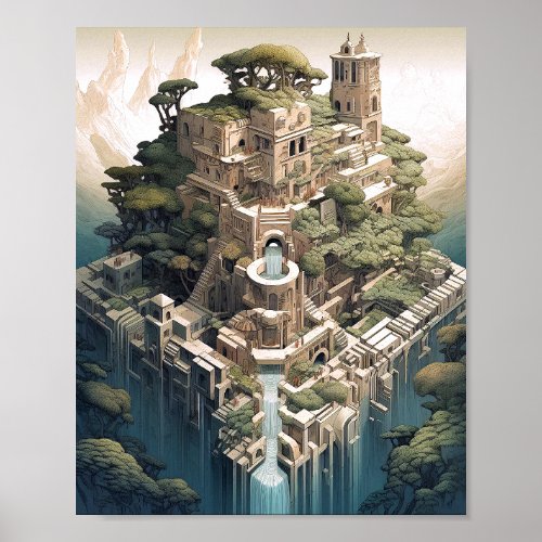 Surreal Geometric City Landscape Fantasy Art Poster