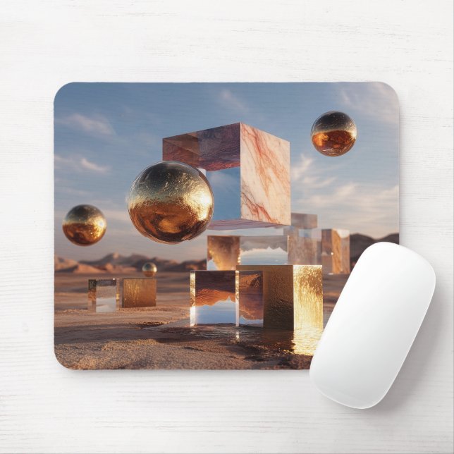 Surreal Geometric Composition With Golden Spheres Mouse Pad (With Mouse)