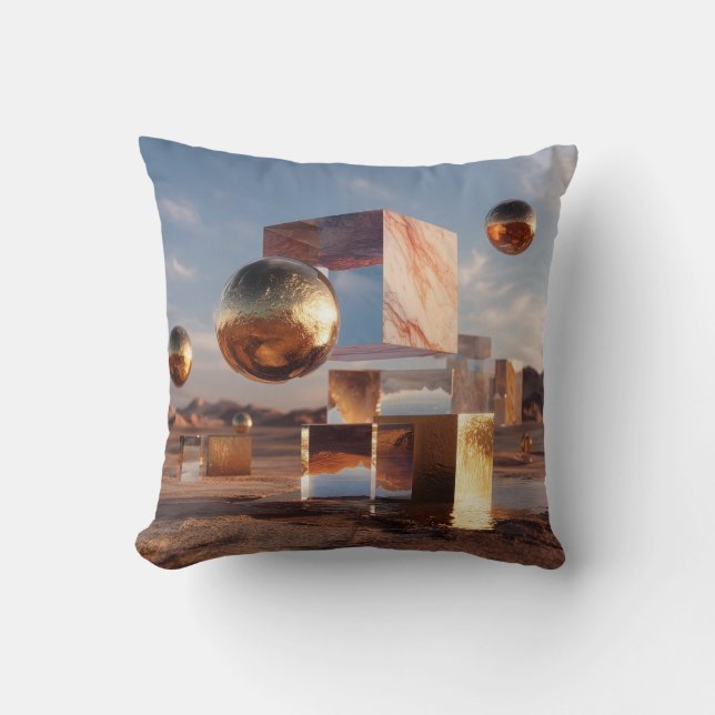 Surreal Geometric Composition With Golden Spheres Throw Pillow (Front)