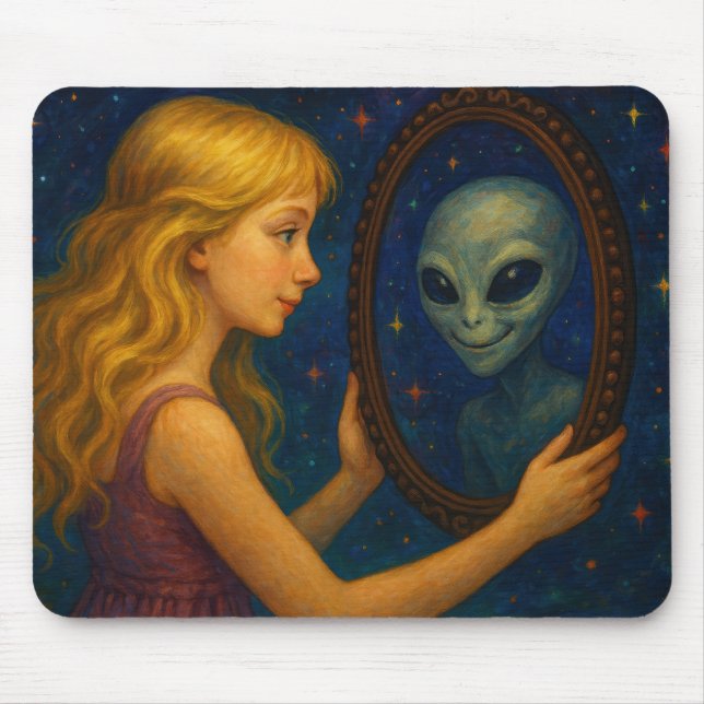 Surreal Girl Holding Mirror with Alien Reflection Mouse Pad (Front)