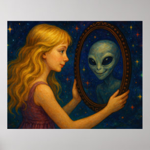 Surreal Girl Holding Mirror with Alien Reflection Poster