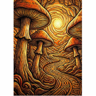 Surreal Glowing Golden Mushrooms Dark Forest Path Cutout