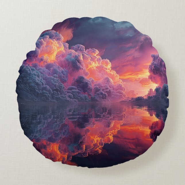 Surreal Glowing Sunset Clouds Reflected In Water Round Pillow (Front)