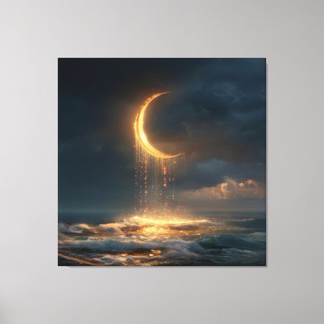 Surreal Golden Crescent Moon Above Ocean Canvas Print (Front)