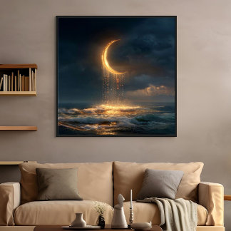 Surreal Golden Crescent Moon Above Ocean Canvas Print