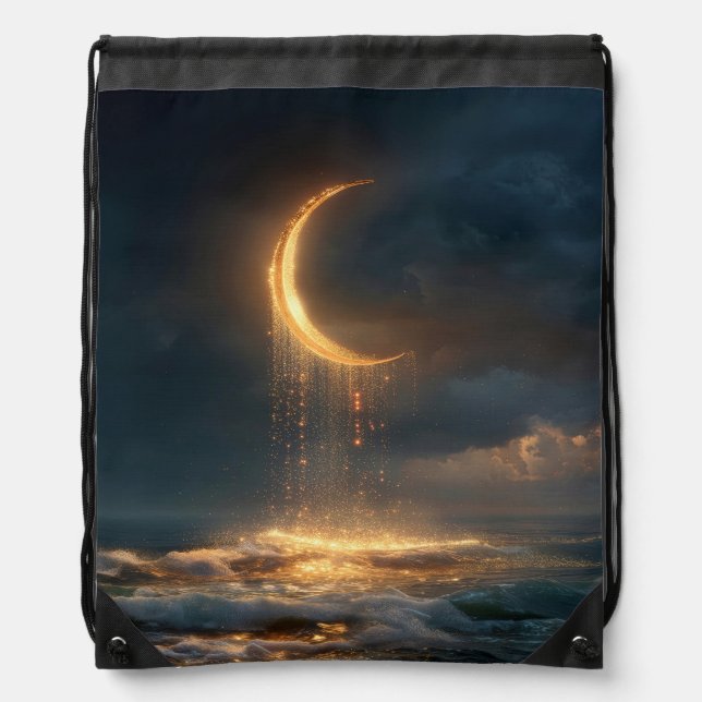 Surreal Golden Crescent Moon Above Ocean Drawstring Bag (Front)