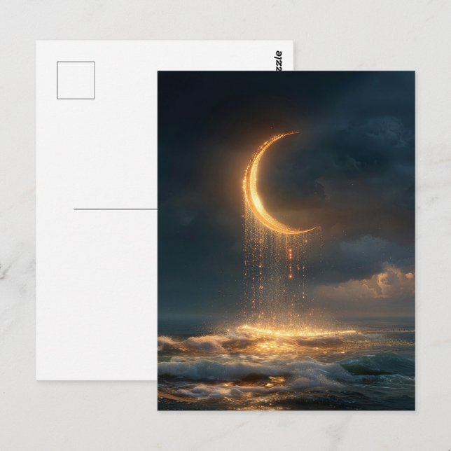 Surreal Golden Crescent Moon Above Ocean Postcard (Front/Back)