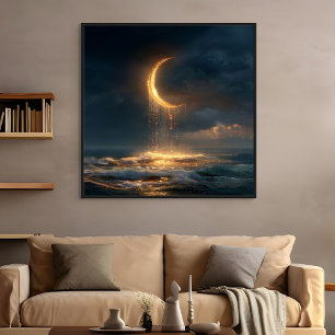 Surreal Golden Crescent Moon Above Ocean Poster