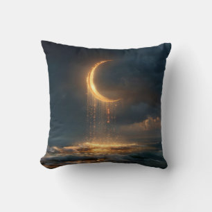 Surreal Golden Crescent Moon Above Ocean Throw Pillow