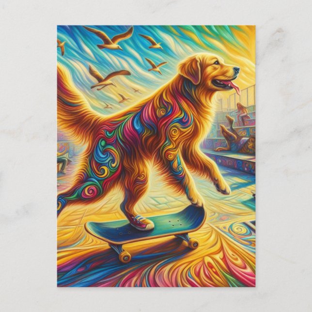 Surreal Golden Retriever Skateboarding Postcard (Front)