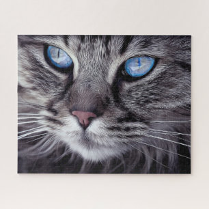 Surreal Gray Cat Blue Eyes Family Fun Hard Jigsaw Puzzle