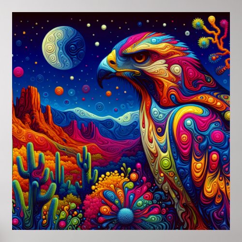 Surreal Hawk in a Whimsical Desert Poster