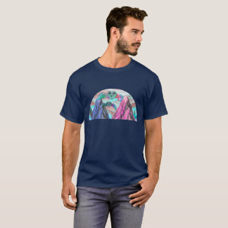Surreal Heart Owl Flying Over Colorful Pink and Bl T-Shirt