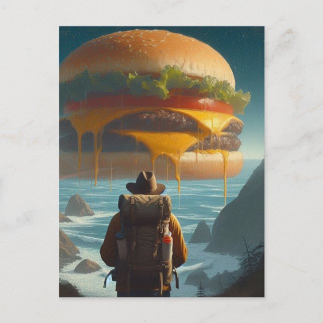 Surreal Hiker Giant Cheeseburger at Beach Postcard (Front)