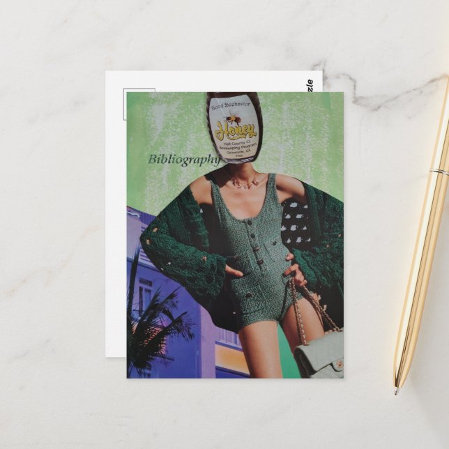 Surreal Honey Bottle Woman Mixed Media Collage Postcard (Front/Back In Situ)