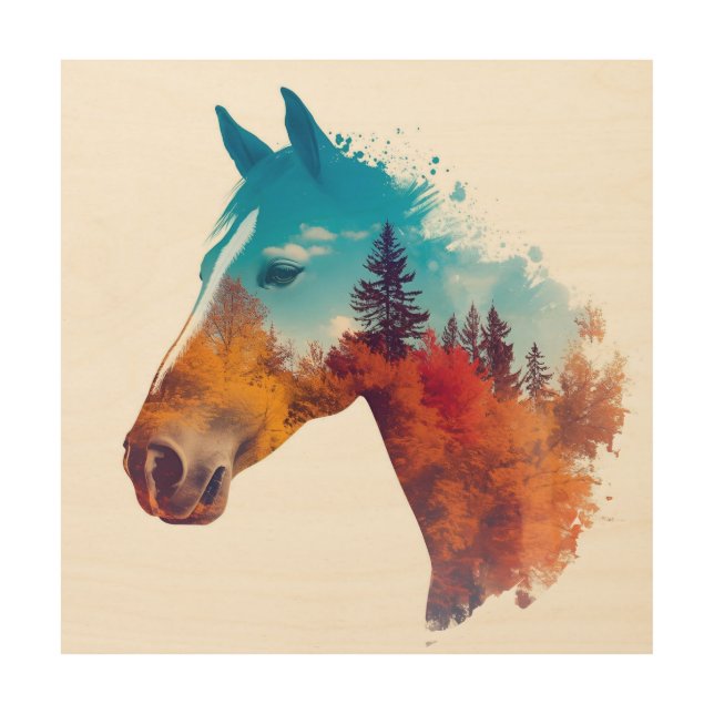 Surreal Horse in Autumn Forest Wood Wall Art (Front)
