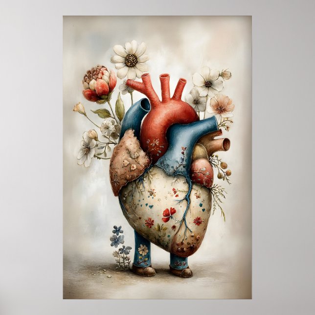 Surreal Human Heart Flowers Print, Whimsical Poster (Front)