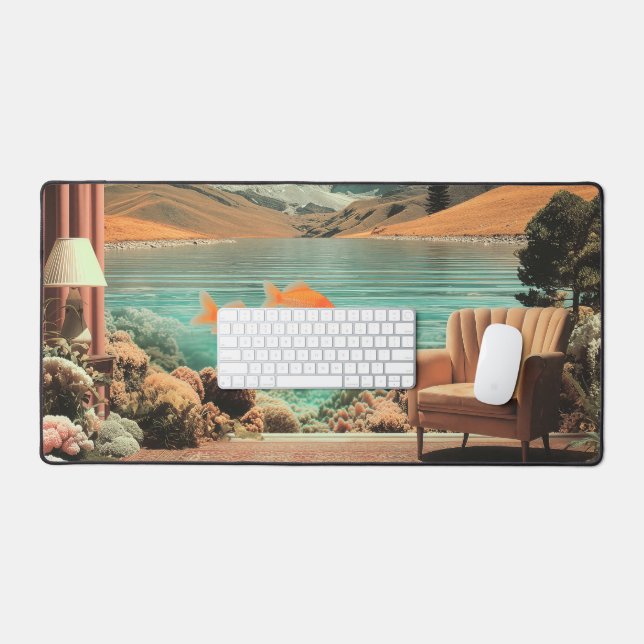 Surreal Interior with Fish and Moonlit Landscape Desk Mat (Keyboard & Mouse)