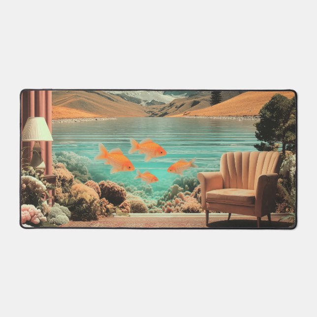 Surreal Interior with Fish and Moonlit Landscape Desk Mat (Front)