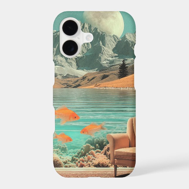 Surreal Interior with Fish and Moonlit Landscape iPhone Case (Back)