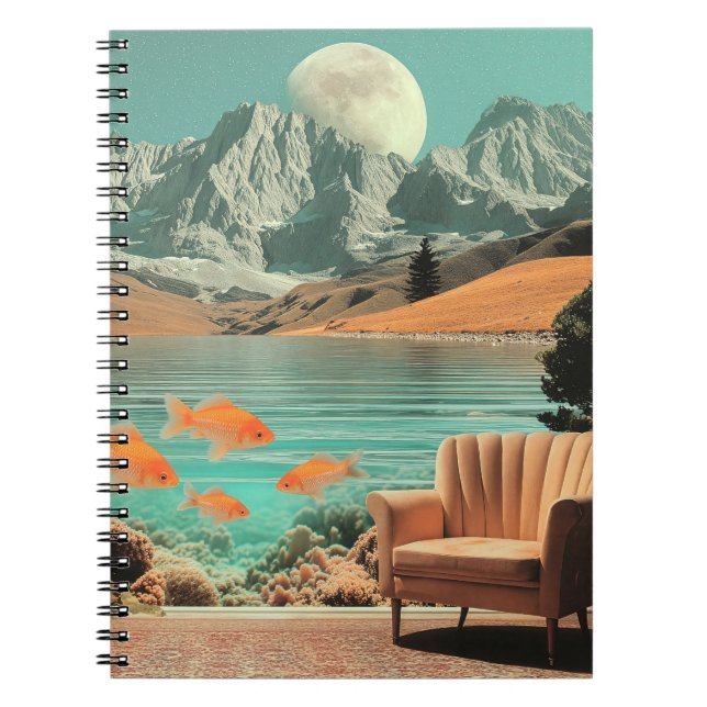Surreal Interior with Fish and Moonlit Landscape Notebook (Front)