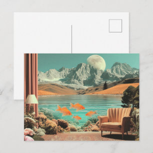 Surreal Interior with Fish and Moonlit Landscape Postcard