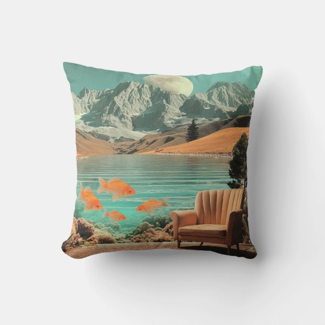 Surreal Interior with Fish and Moonlit Landscape Throw Pillow (Front)