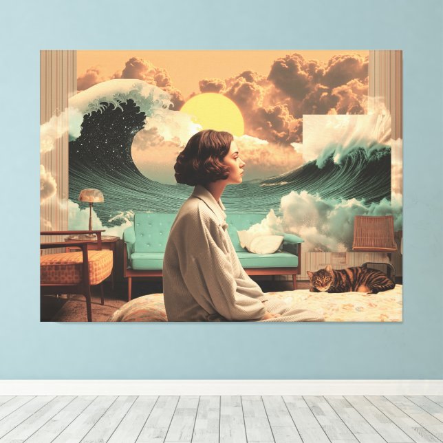 Surreal Interior With Woman and Cat Canvas Print (Insitu(Wood Floor))