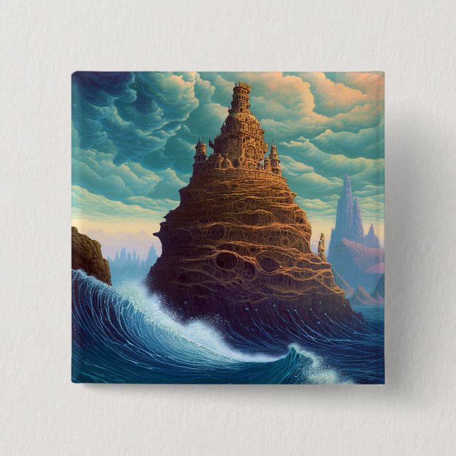 Surreal Landscape Towering City Fantasy Art Button (Front)