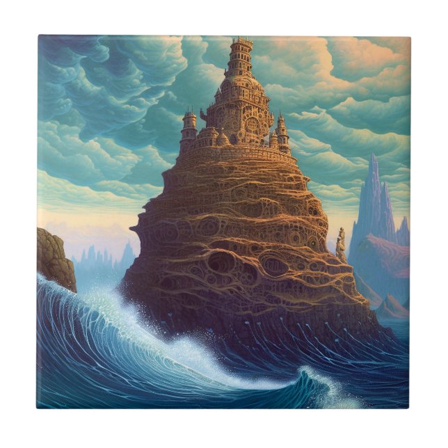 Surreal Landscape Towering City Fantasy Art Ceramic Tile (Front)