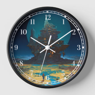 Surreal Landscape Towering City Fantasy Art Clock