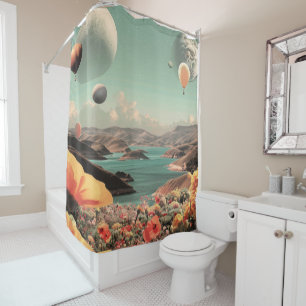 Surreal Landscape with Air Balloons and Moon Shower Curtain