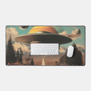 Surreal Landscape with Road, UFO and Saturn  Desk Mat